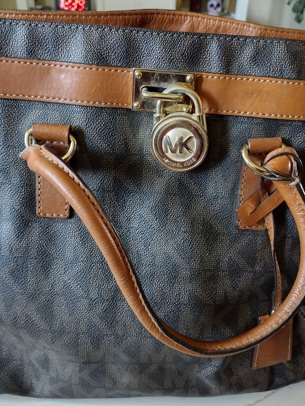 Michael Kors Brown and Tan Logo Tote with Gold Lock